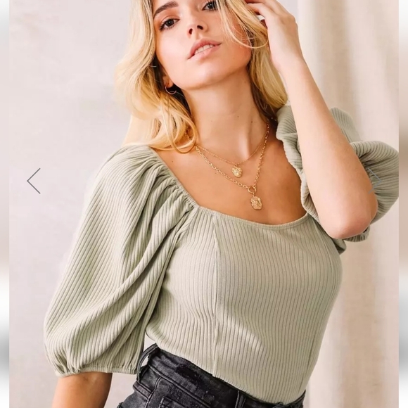 Exaggerated Puff Sleeve Top - Olive Green (S) - WILLOW & ROOT - Picture 1 of 13